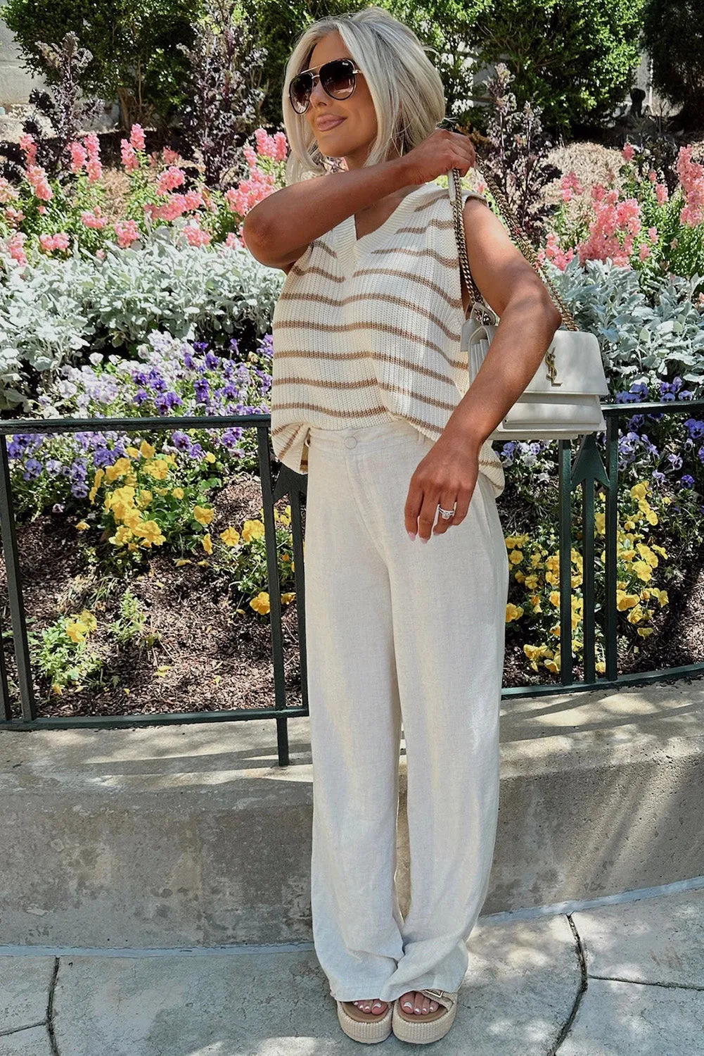 Khaki Stripe V Neck Knitted Loose Sweater Vest