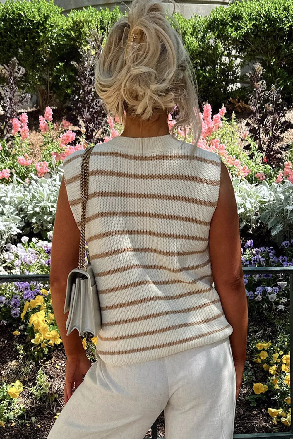 Khaki Stripe V Neck Knitted Loose Sweater Vest
