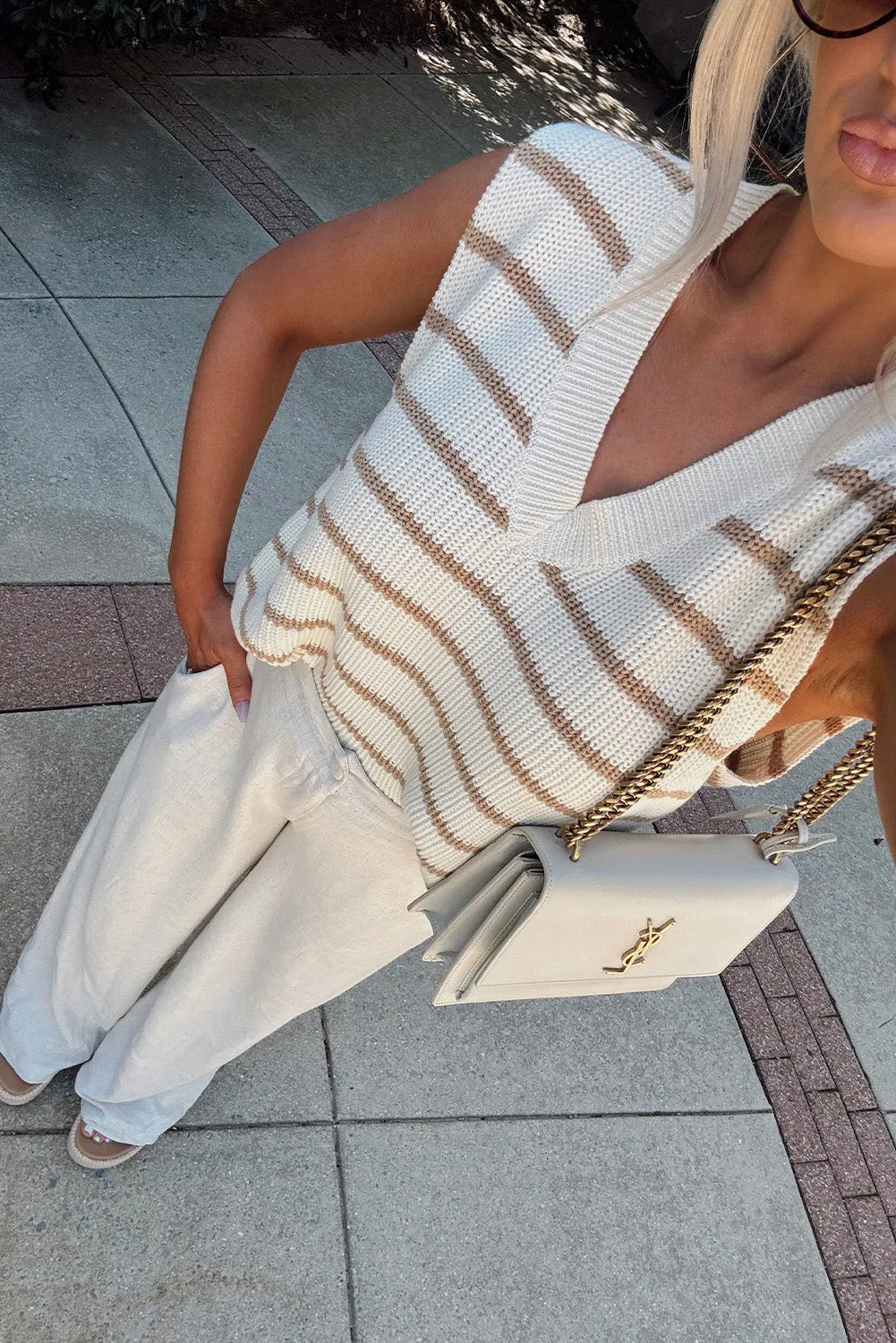 Khaki Stripe V Neck Knitted Loose Sweater Vest