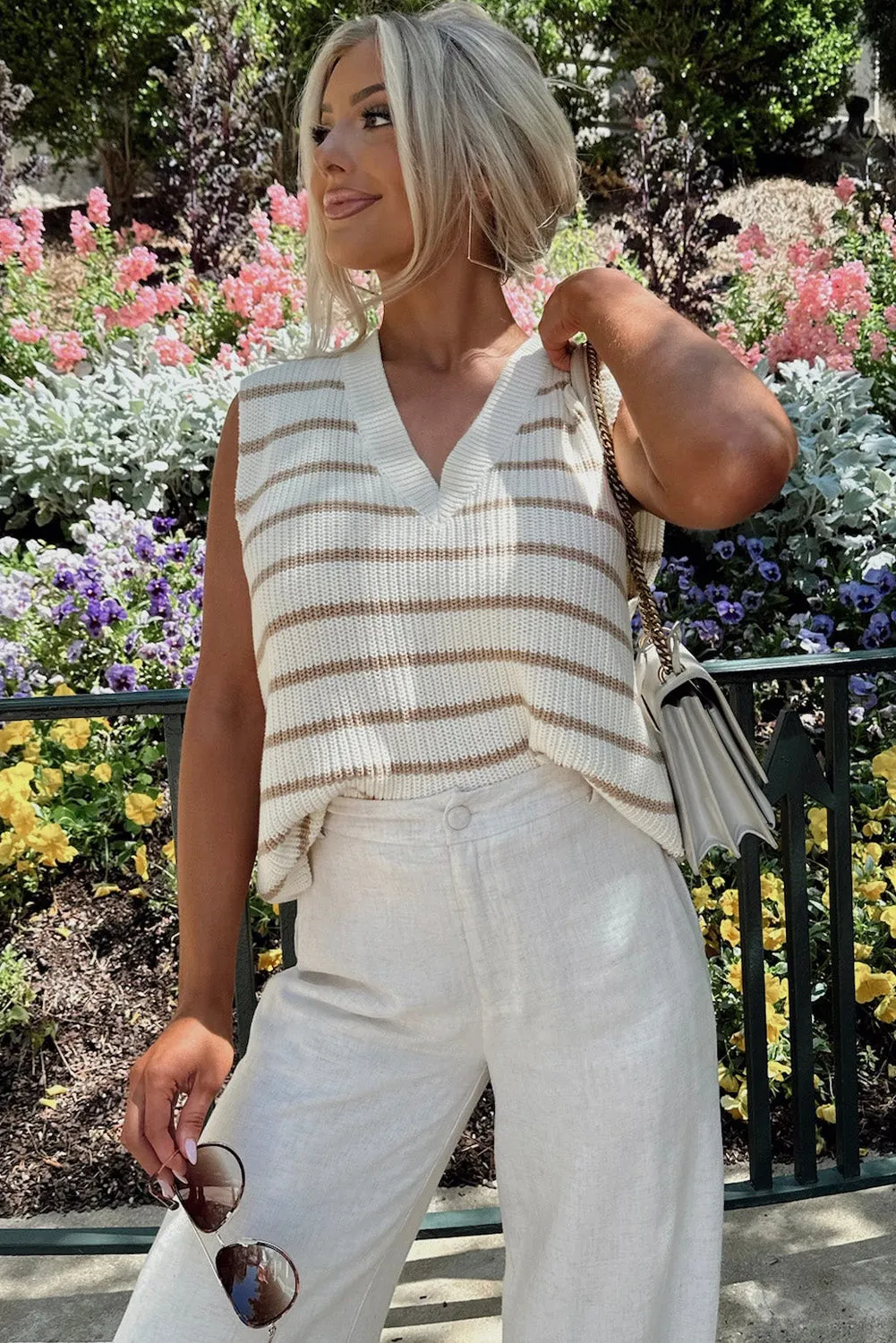 Khaki Stripe V Neck Knitted Loose Sweater Vest