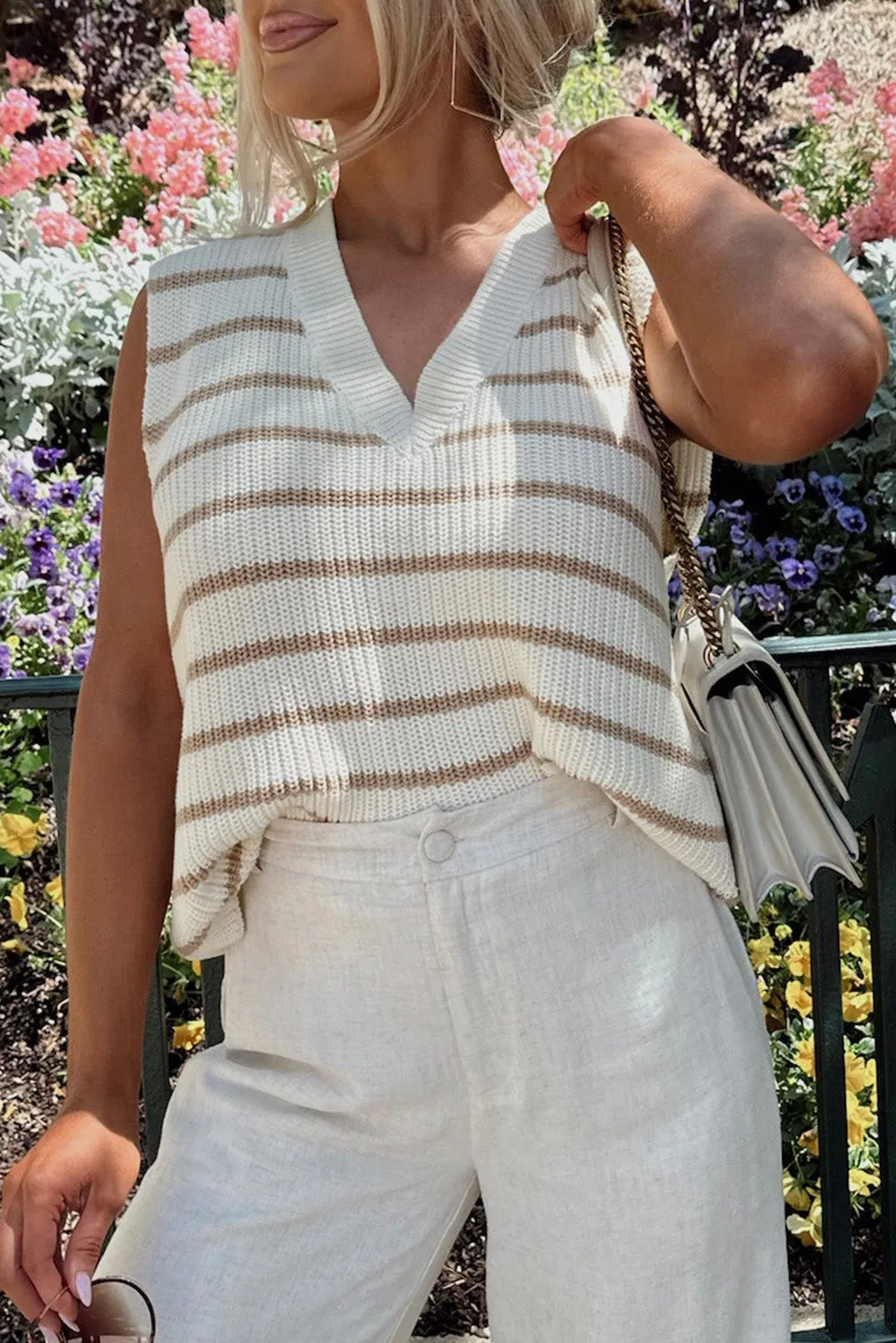 Khaki Stripe V Neck Knitted Loose Sweater Vest
