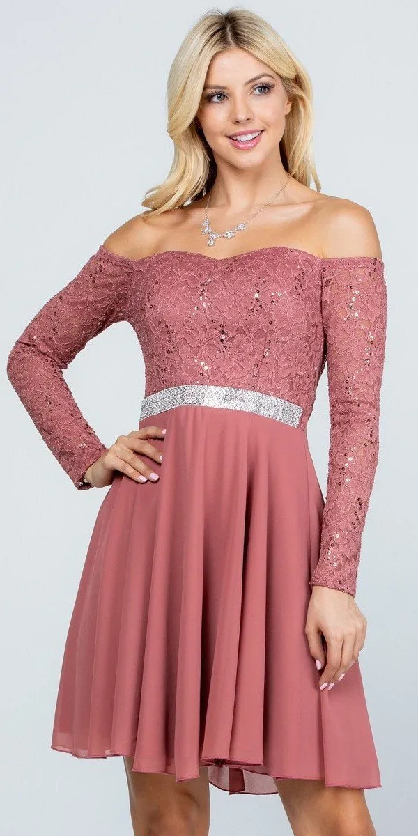 La Scala 25406 Off-Shoulder Long Sleeved Short Cocktail Dress