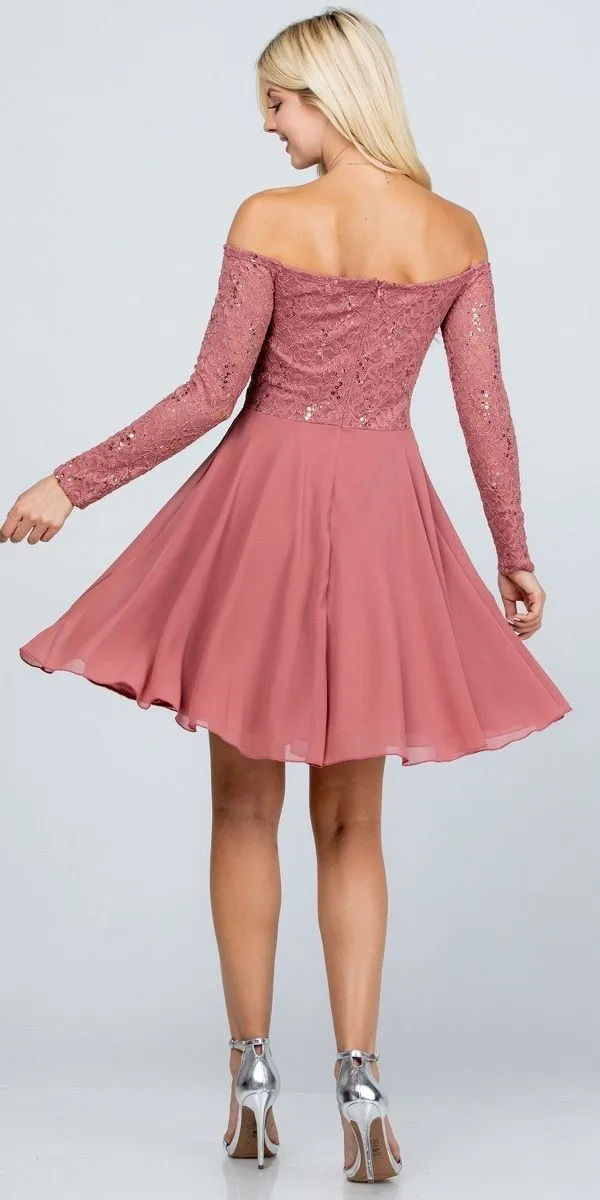 La Scala 25406 Off-Shoulder Long Sleeved Short Cocktail Dress