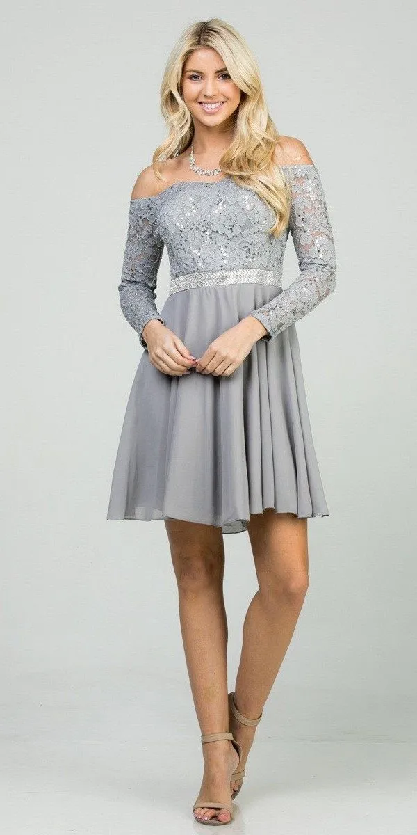 La Scala 25406 Off-Shoulder Long Sleeved Short Cocktail Dress