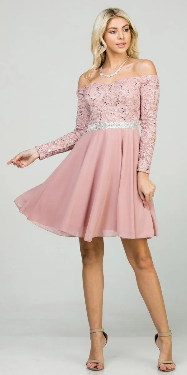 La Scala 25406 Off-Shoulder Long Sleeved Short Cocktail Dress