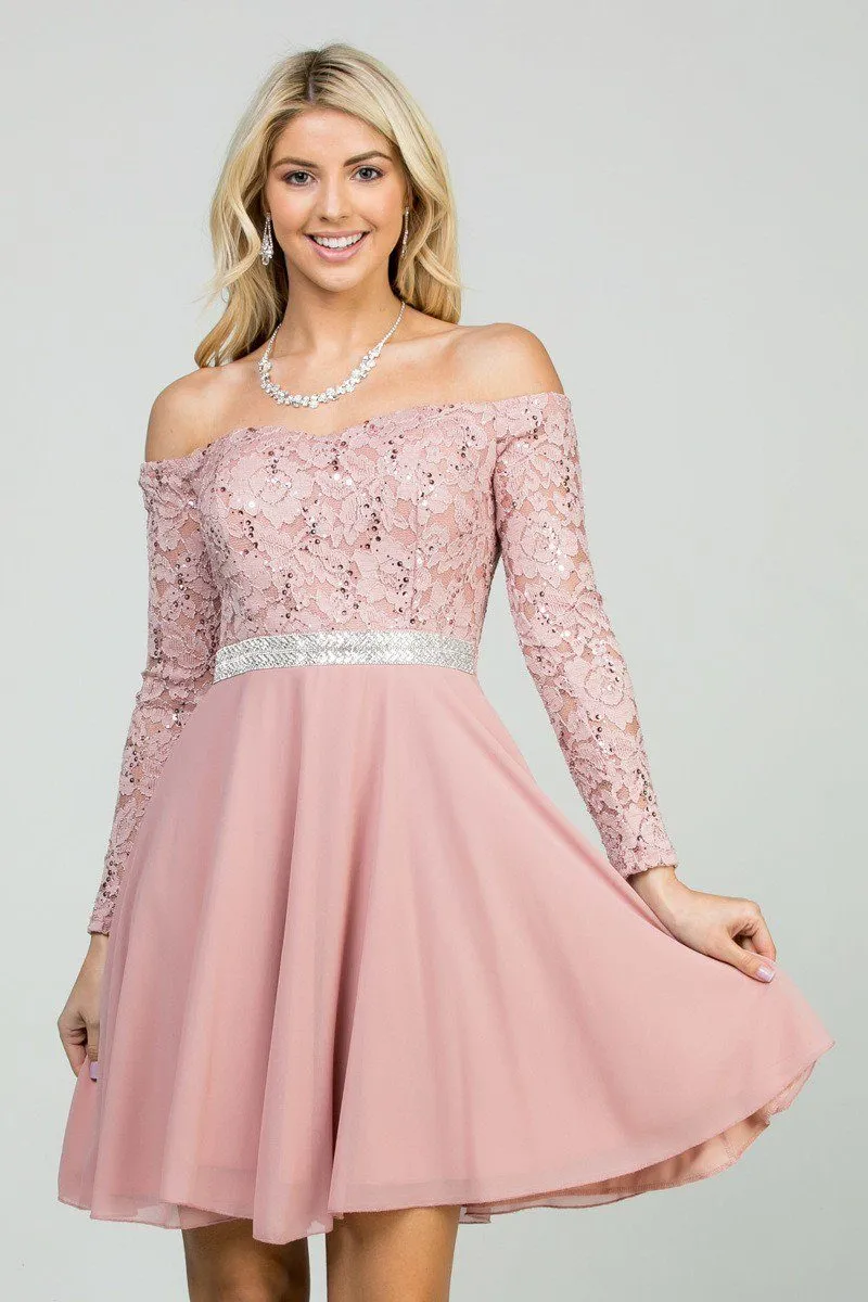 La Scala 25406 Off-Shoulder Long Sleeved Short Cocktail Dress