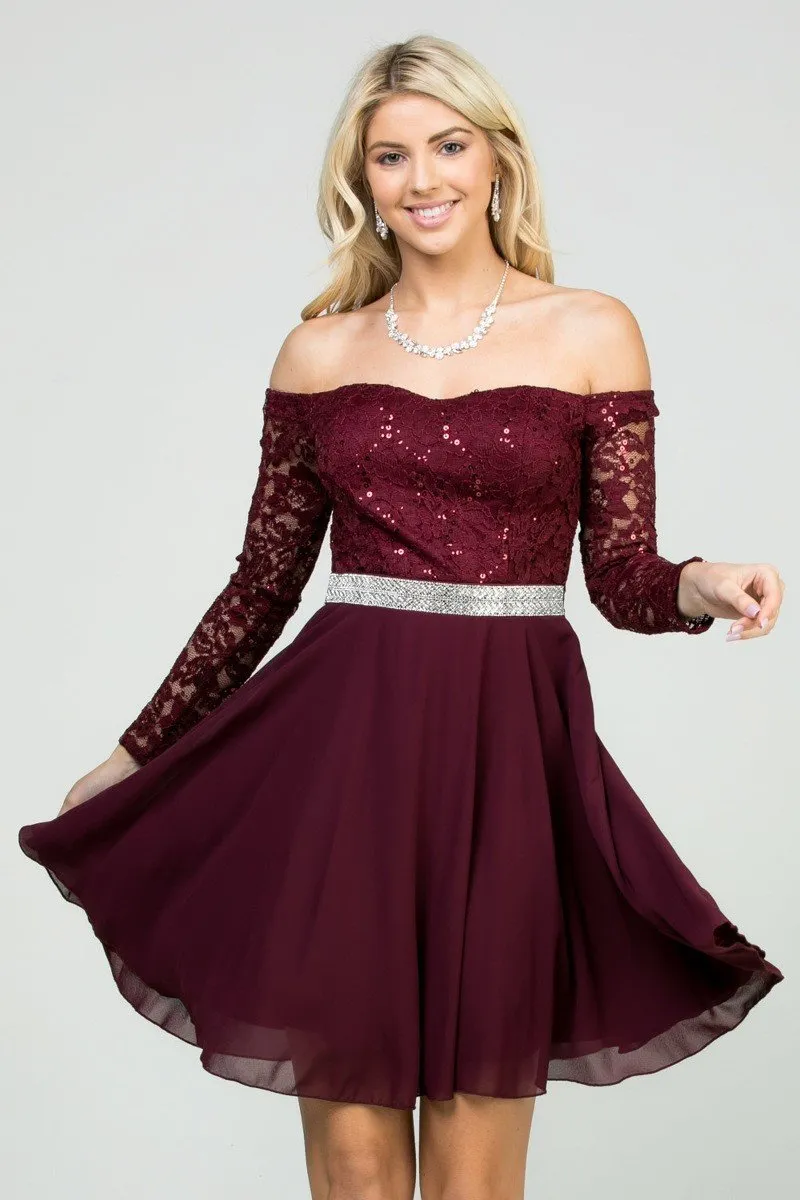 La Scala 25406 Off-Shoulder Long Sleeved Short Cocktail Dress