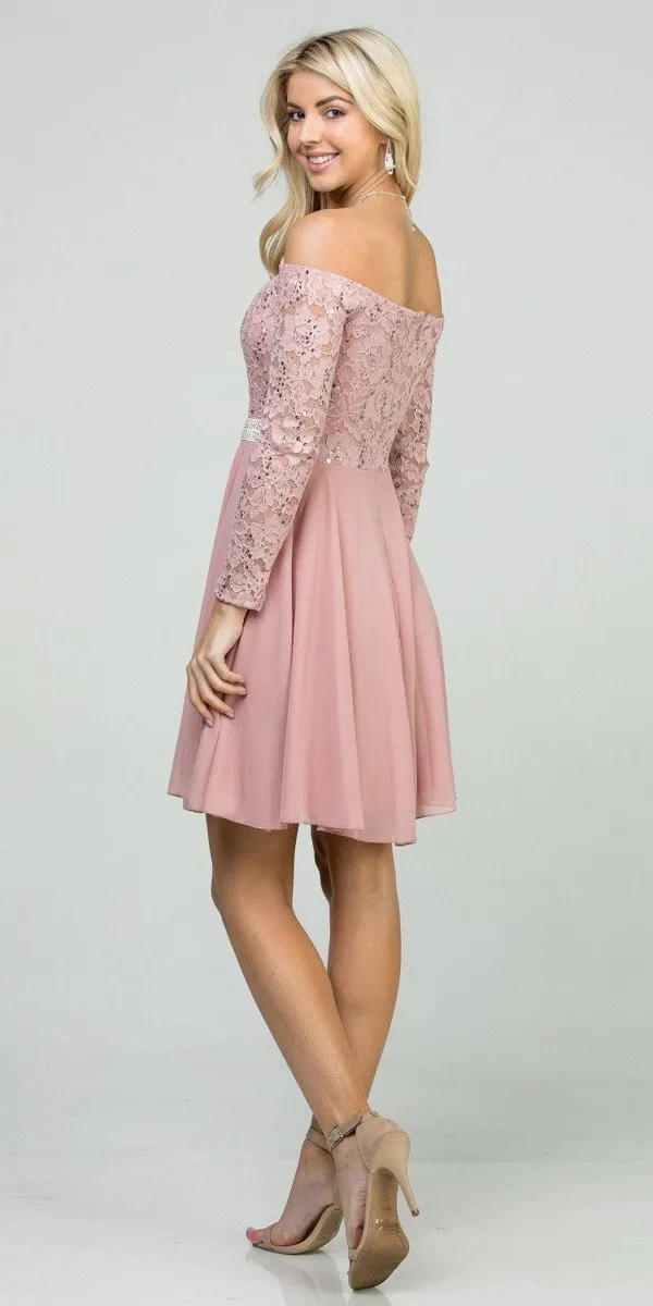 La Scala 25406 Off-Shoulder Long Sleeved Short Cocktail Dress