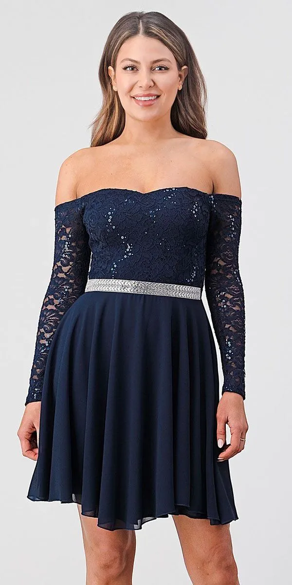 La Scala 25406 Off-Shoulder Long Sleeved Short Cocktail Dress