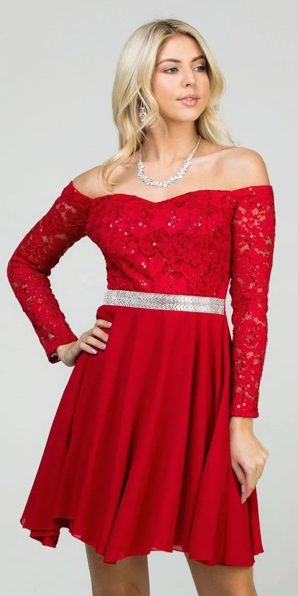 La Scala 25406 Off-Shoulder Long Sleeved Short Cocktail Dress