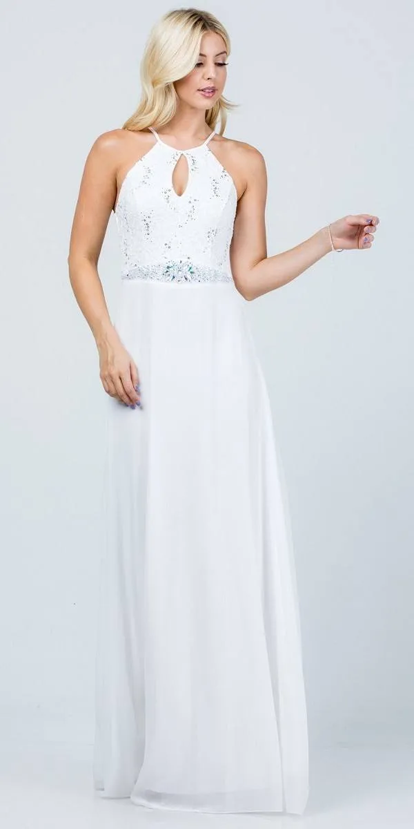 La Scala 25485 Halter Long A-Line Dress Keyhole Neckline