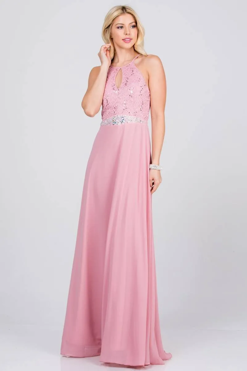 La Scala 25485 Halter Long A-Line Dress Keyhole Neckline