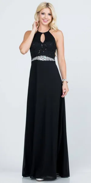 La Scala 25485 Halter Long A-Line Dress Keyhole Neckline