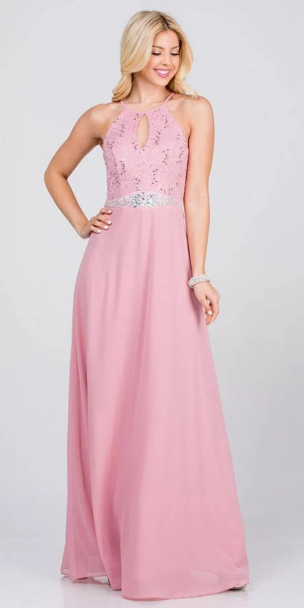 La Scala 25485 Halter Long A-Line Dress Keyhole Neckline