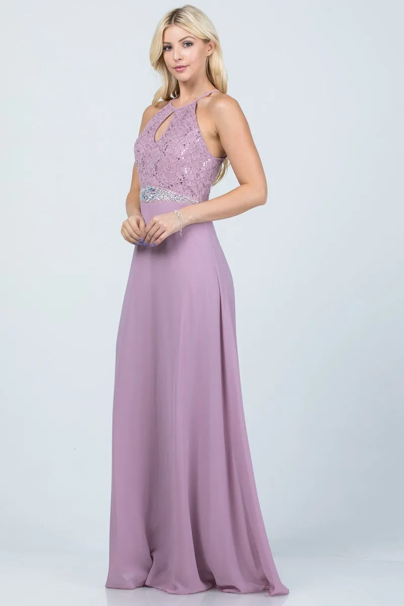 La Scala 25485 Halter Long A-Line Dress Keyhole Neckline
