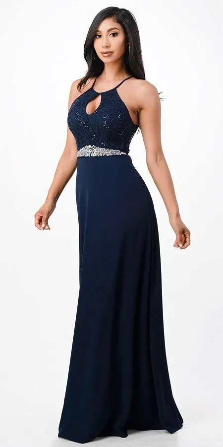 La Scala 25485 Halter Long A-Line Dress Keyhole Neckline