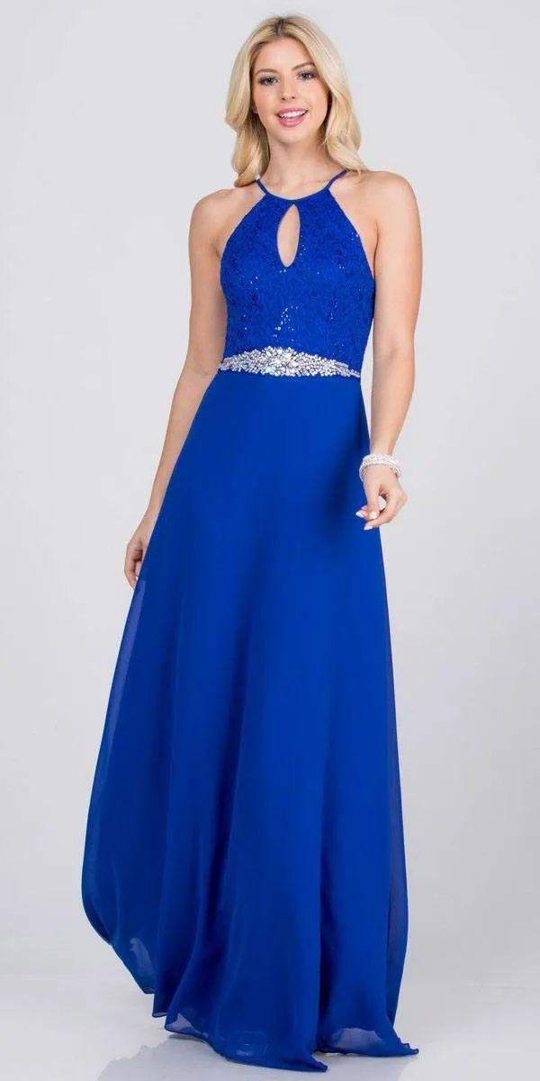 La Scala 25485 Halter Long A-Line Dress Keyhole Neckline