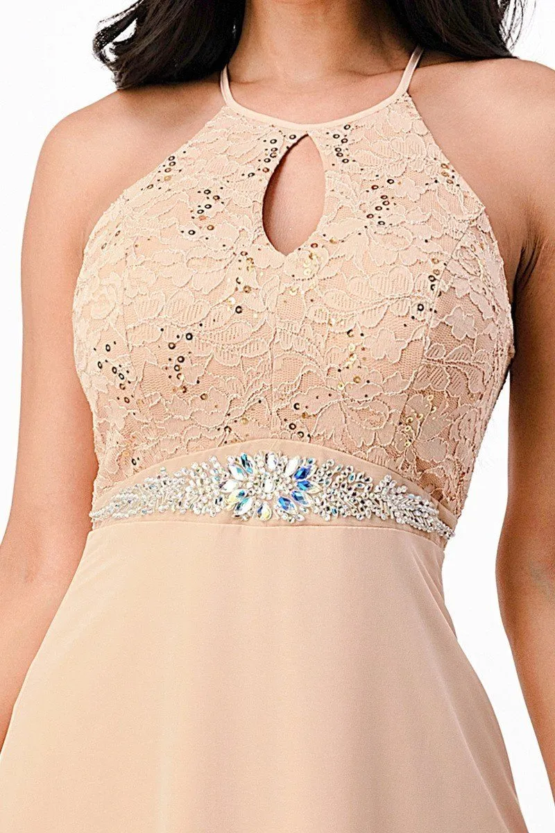 La Scala 25485 Halter Long A-Line Dress Keyhole Neckline