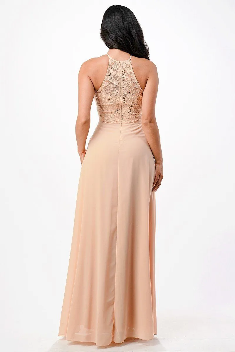 La Scala 25485 Halter Long A-Line Dress Keyhole Neckline