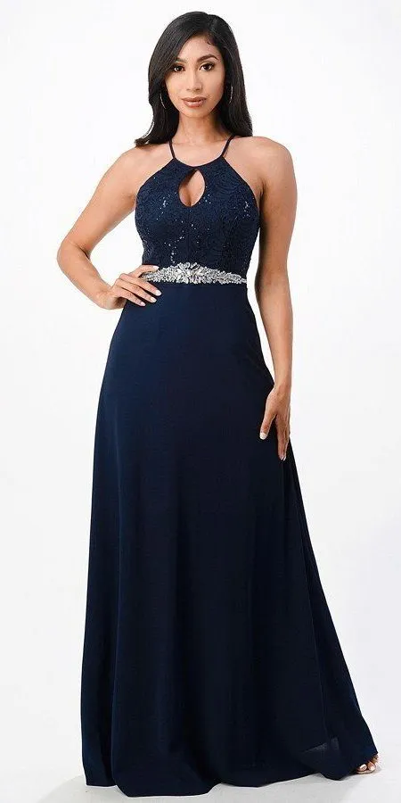 La Scala 25485 Halter Long A-Line Dress Keyhole Neckline