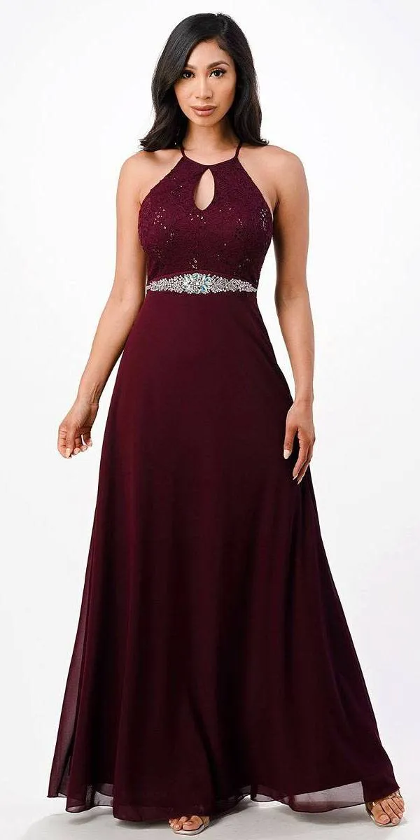 La Scala 25485 Halter Long A-Line Dress Keyhole Neckline