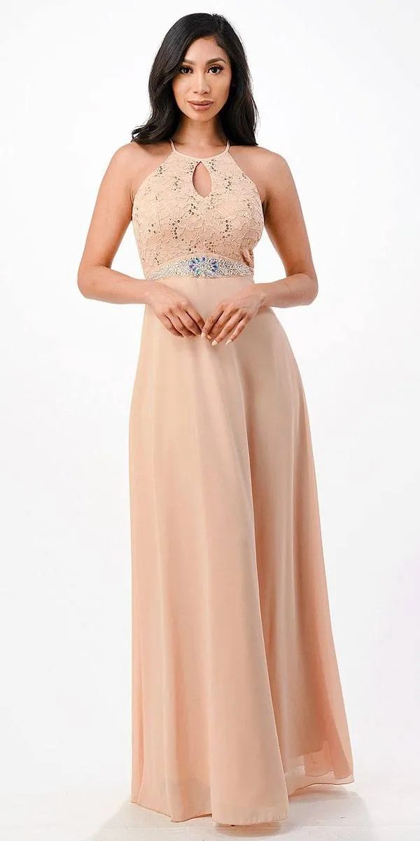 La Scala 25485 Halter Long A-Line Dress Keyhole Neckline