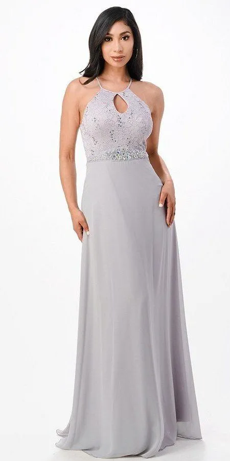 La Scala 25485 Halter Long A-Line Dress Keyhole Neckline
