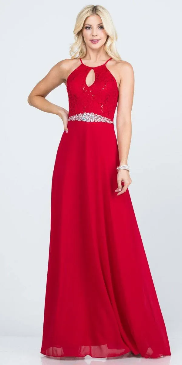 La Scala 25485 Halter Long A-Line Dress Keyhole Neckline