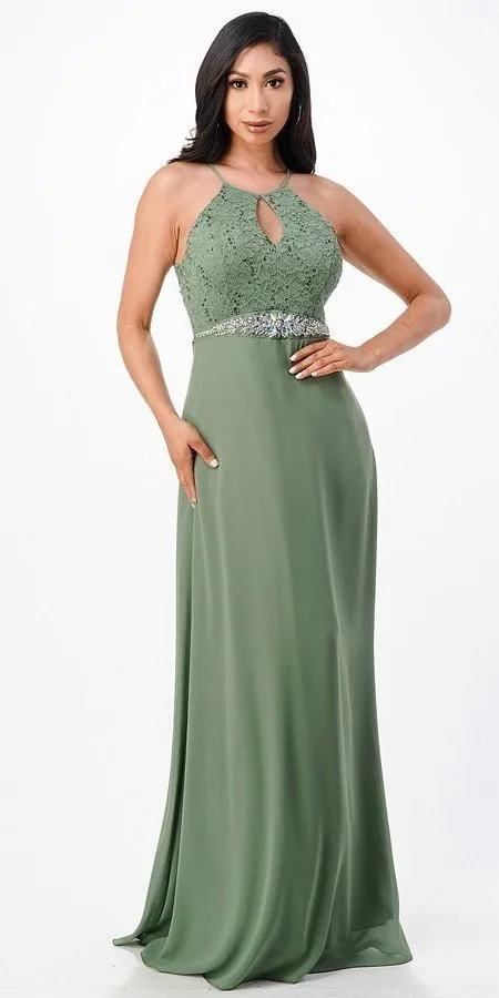 La Scala 25485 Halter Long A-Line Dress Keyhole Neckline