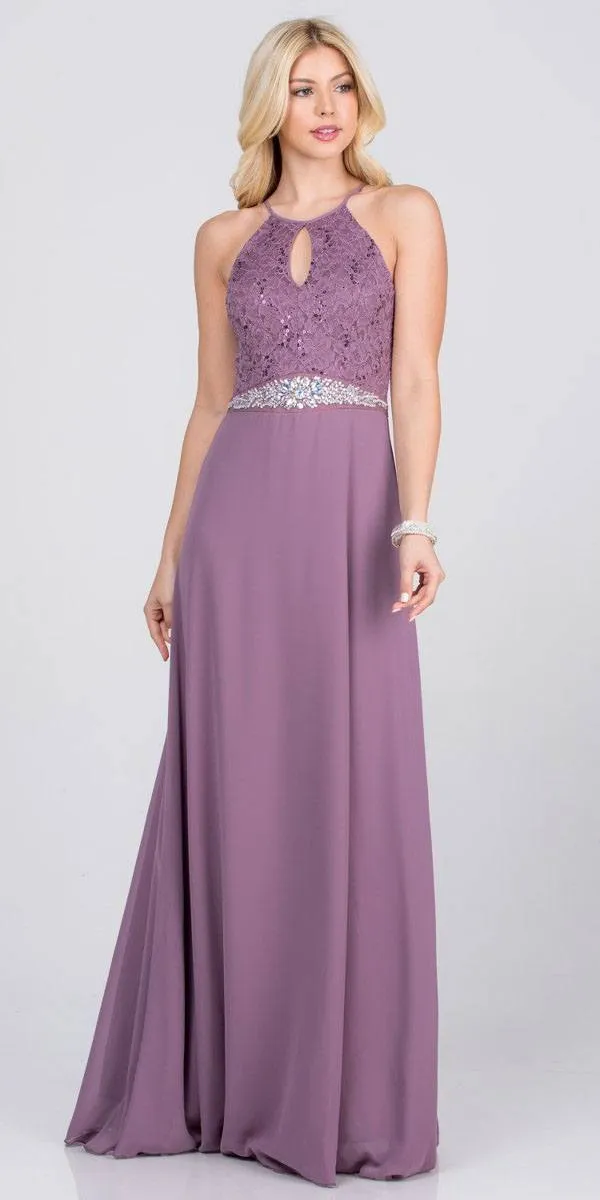 La Scala 25485 Halter Long A-Line Dress Keyhole Neckline