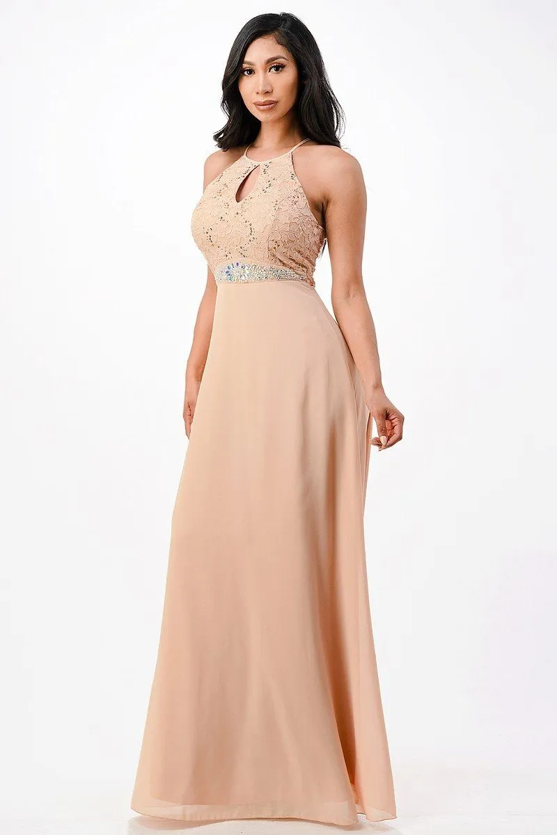 La Scala 25485 Halter Long A-Line Dress Keyhole Neckline