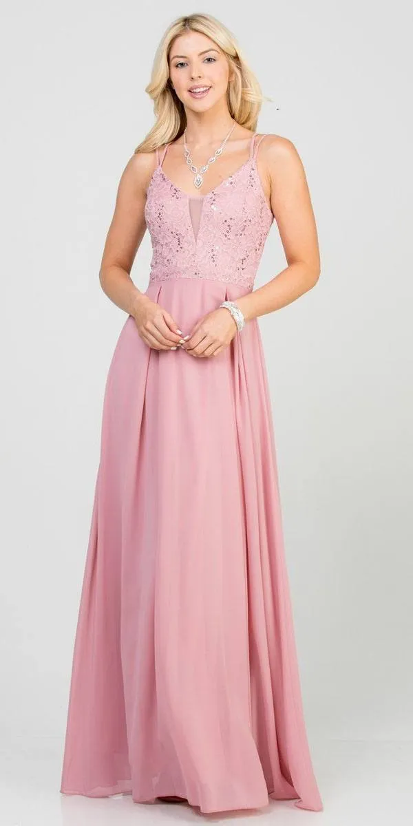 La Scala 25547 Long A-Line Chiffon Lace Dress Spaghetti Straps