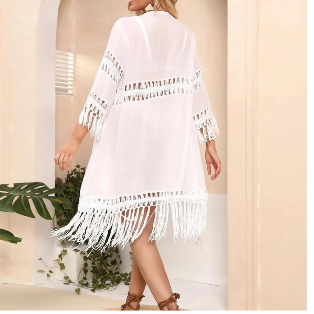 Lace Crochet Open Kimono - White