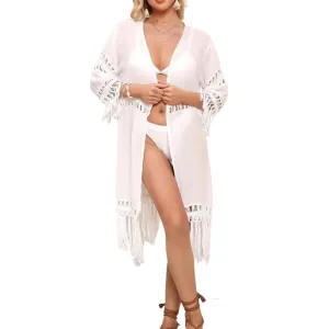 Lace Crochet Open Kimono - White