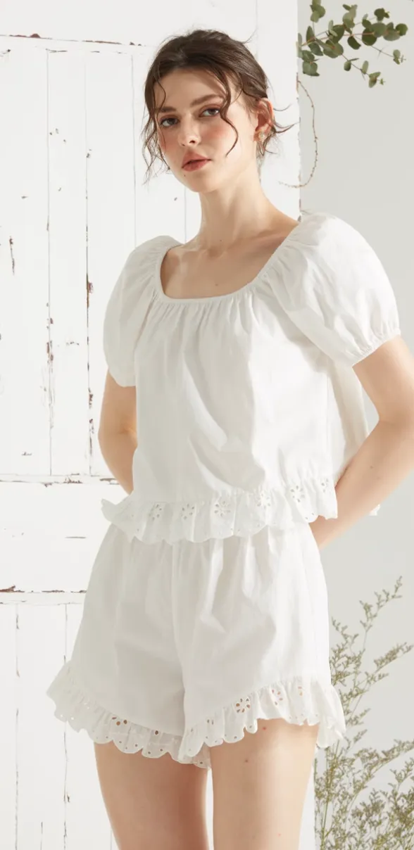 Lace Trim Puff Sleeve Set