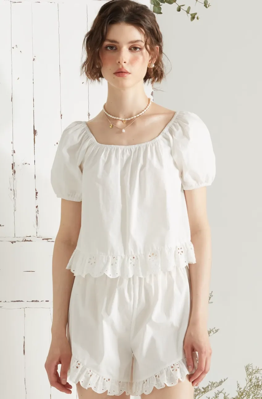 Lace Trim Puff Sleeve Set
