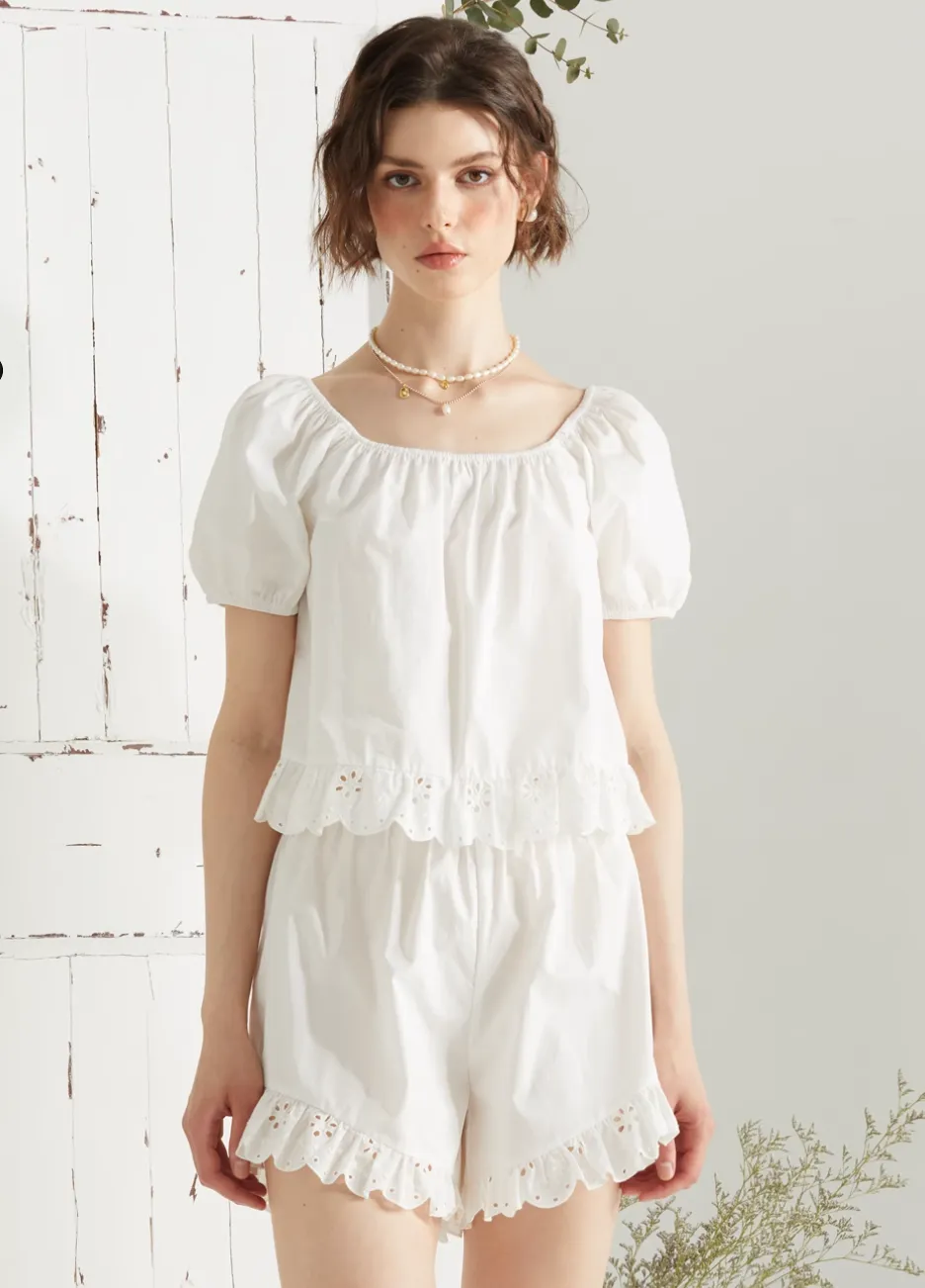 Lace Trim Puff Sleeve Set