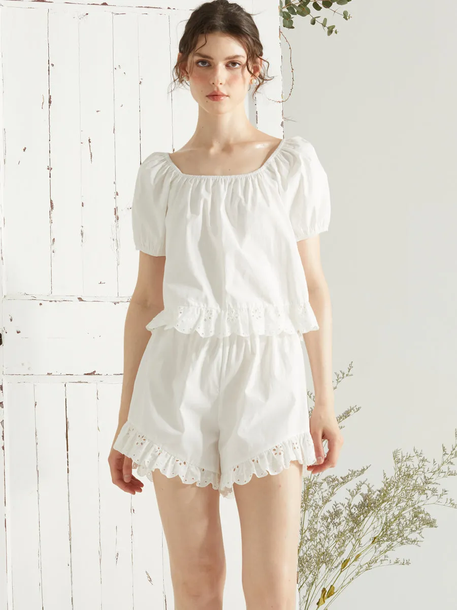 Lace Trim Puff Sleeve Set