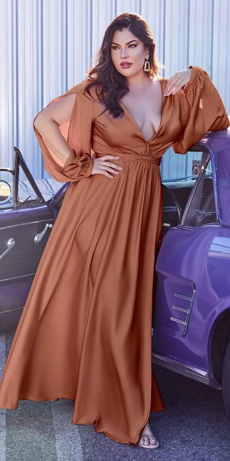 Ladivine 7475 Long Split Blouson Sleeve Formal Dress Thigh Split