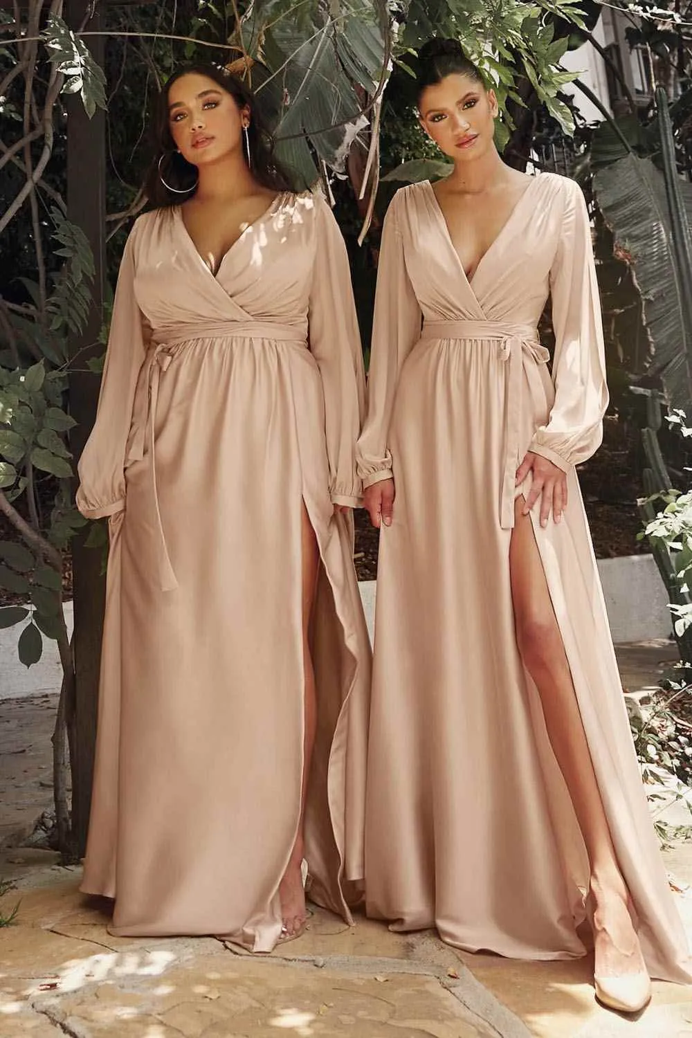 Ladivine 7475 Long Split Blouson Sleeve Formal Dress Thigh Split