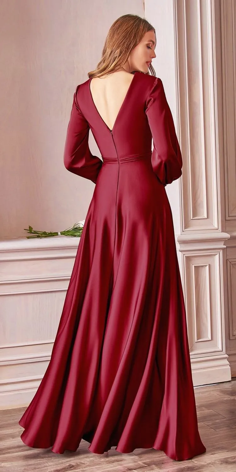 Ladivine 7475 Long Split Blouson Sleeve Formal Dress Thigh Split