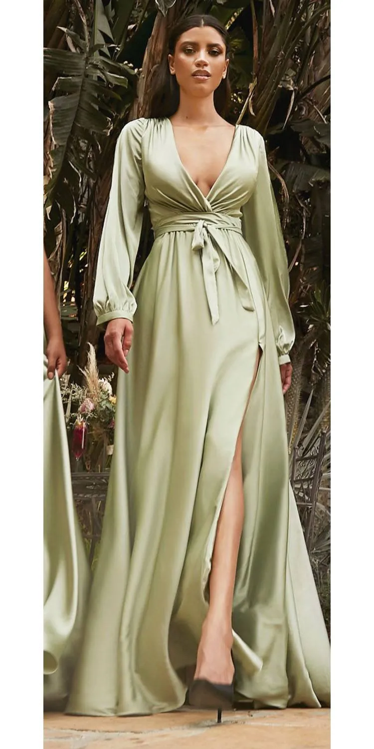 Ladivine 7475 Long Split Blouson Sleeve Formal Dress Thigh Split