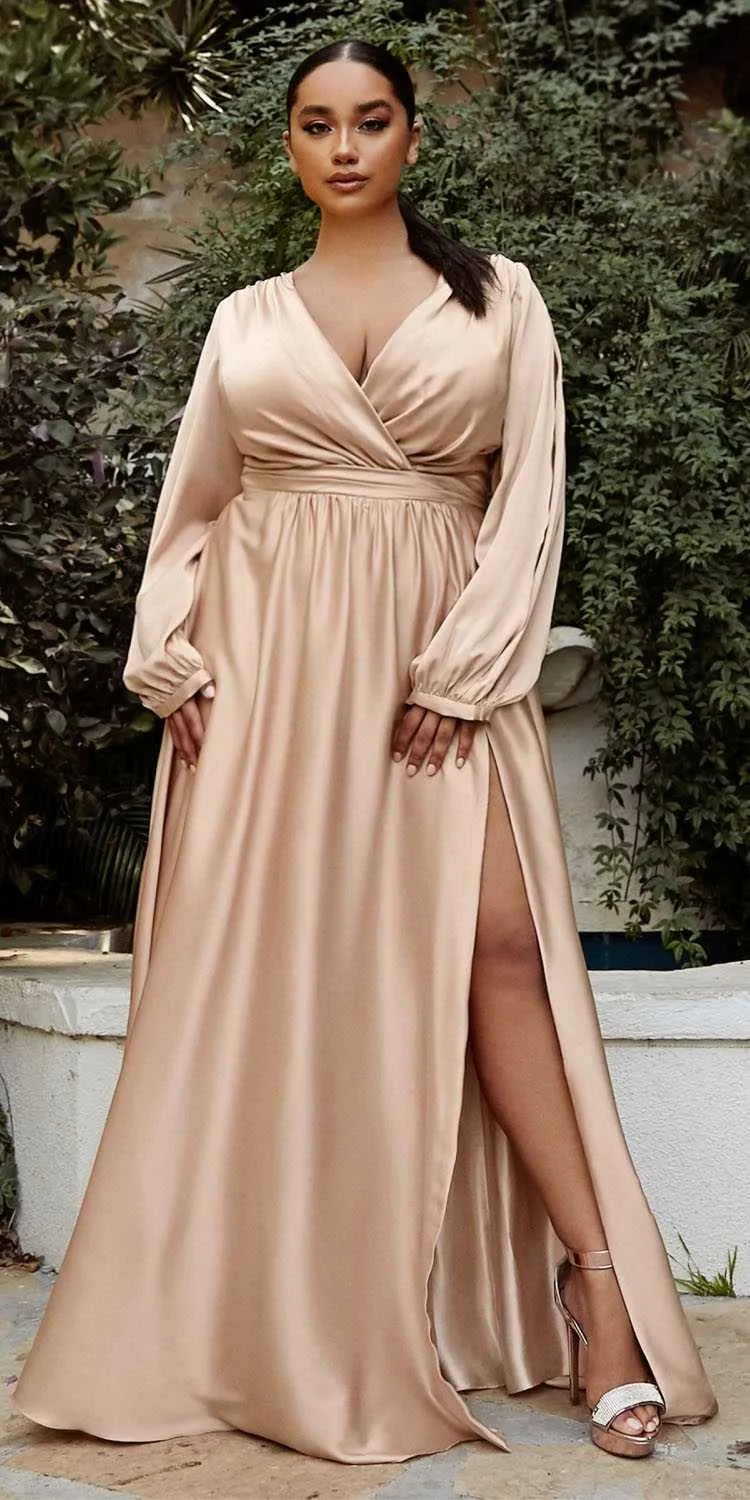 Ladivine 7475C Long Split Blouson Sleeve Formal Dress Thigh Split