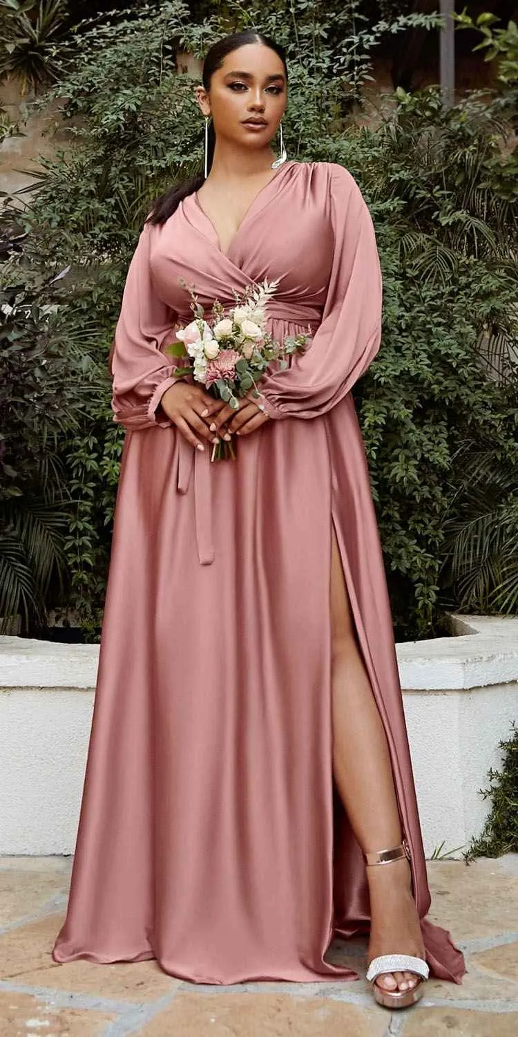 Ladivine 7475C Long Split Blouson Sleeve Formal Dress Thigh Split