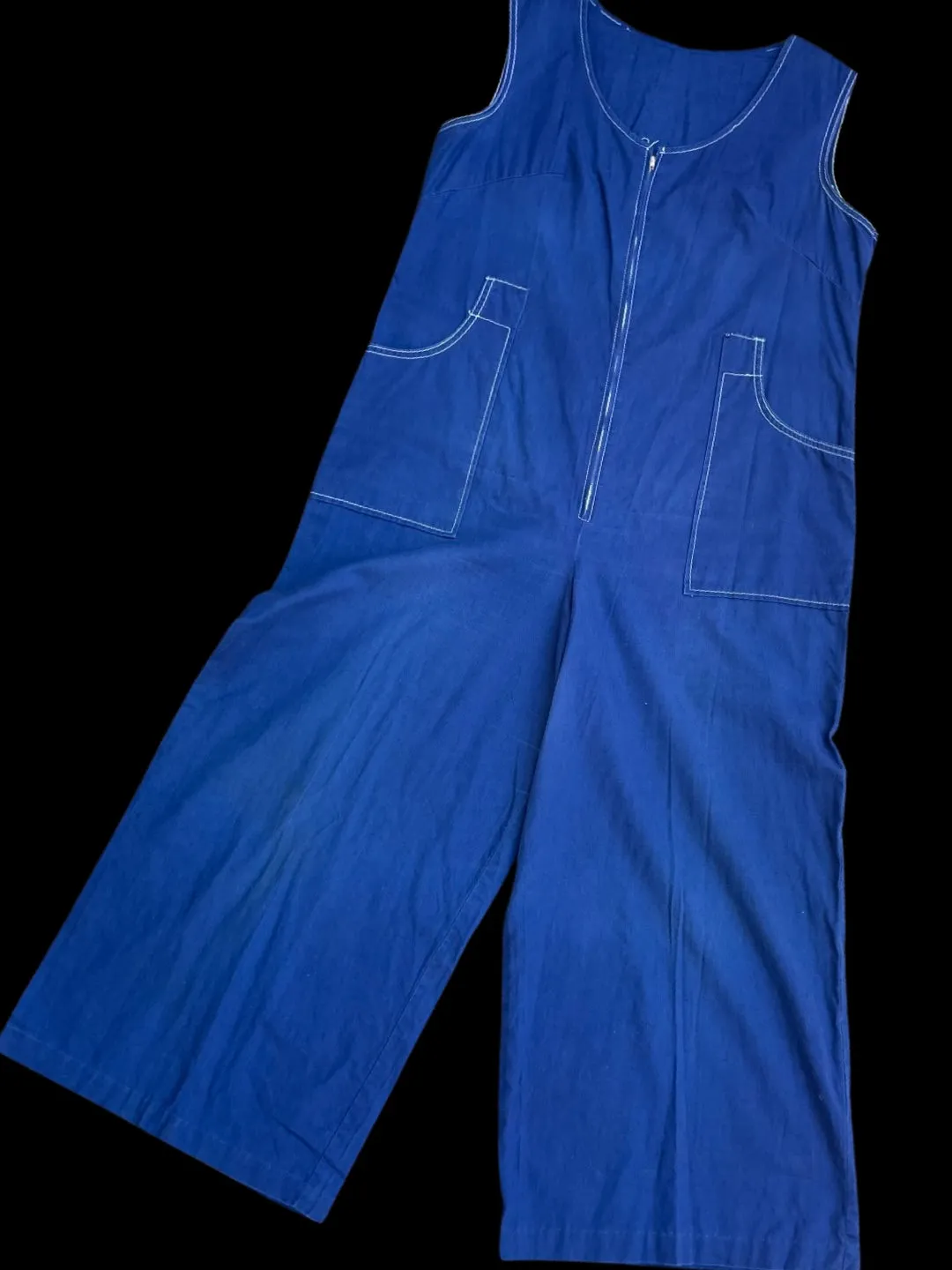 Late 1940s Indigo Cotton Zip Front Wide Leg Jumpsuit
