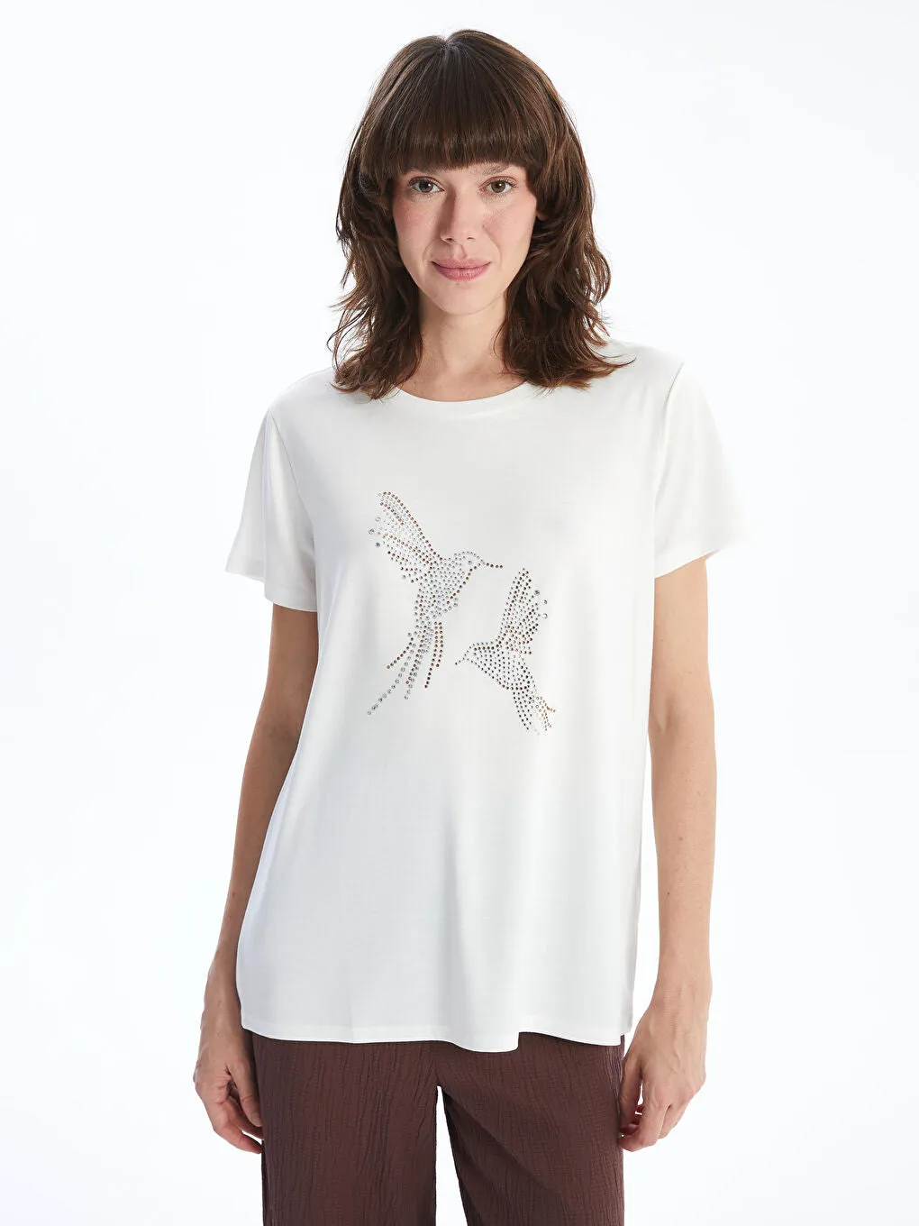 LCWAIKIKI Classic Ecru Crew Neck Printed Women T-Shirt