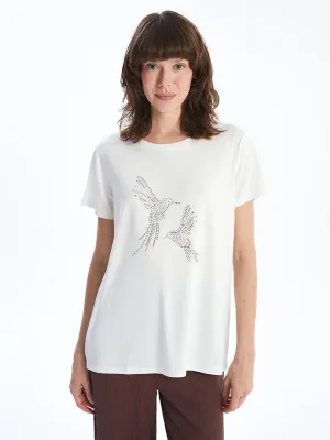 LCWAIKIKI Classic Ecru Crew Neck Printed Women T-Shirt