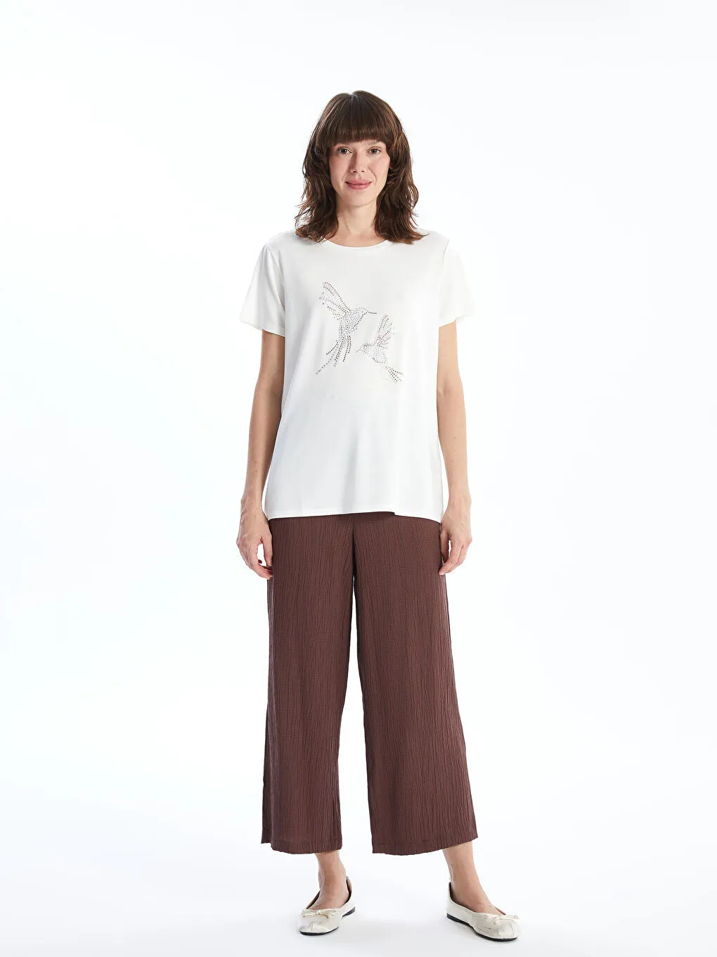 LCWAIKIKI Classic Ecru Crew Neck Printed Women T-Shirt