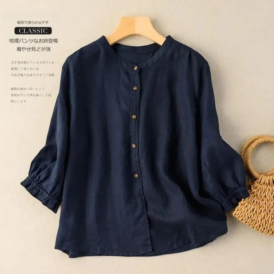 Linen Cotton Puff Sleeve Summer  Shirts Women Blouse  Ladies Loose Vintage Tops Half Sleeve Female Clothing Casual Plus size