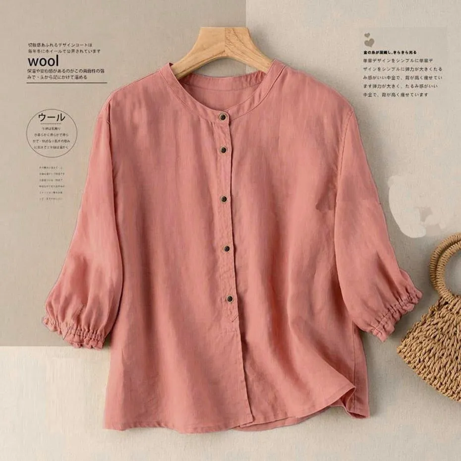 Linen Cotton Puff Sleeve Summer  Shirts Women Blouse  Ladies Loose Vintage Tops Half Sleeve Female Clothing Casual Plus size